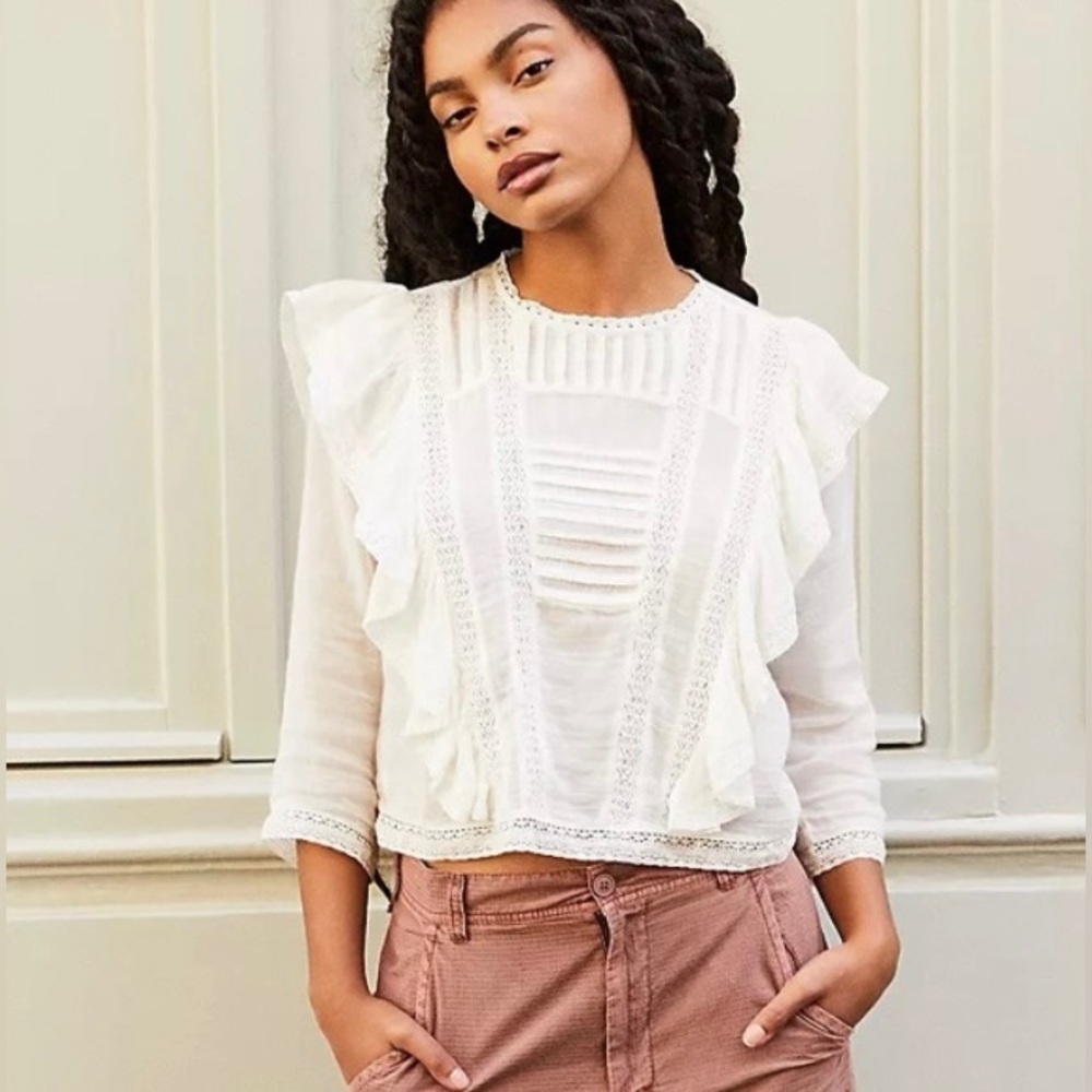 Free People Jasmine Ruffle Pullover Blouse Top Cottegecore Ivory NWT Size - XS